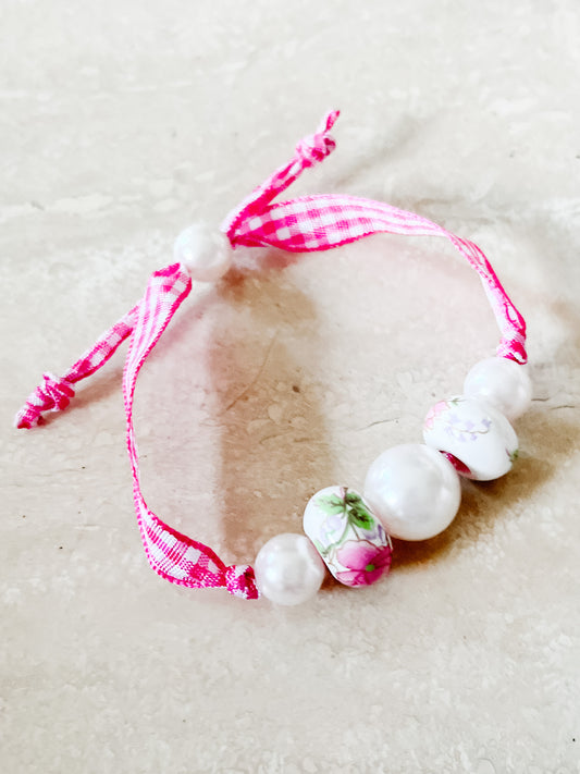 Beaded Pink Gingham Adjustable Bracelet