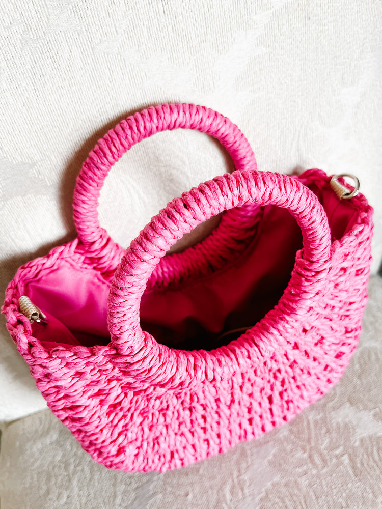 Pink Petite Straw Handbag with Detachable Strap & Drawstring Closure