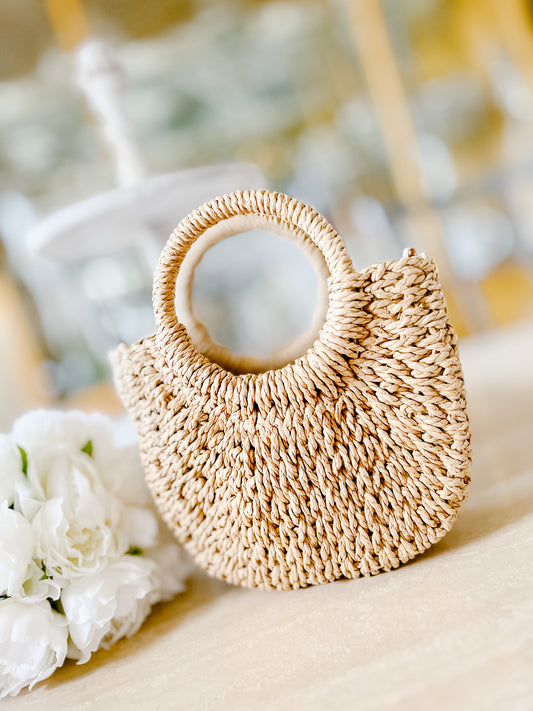 Straw Handbag with Detachable Strap & Drawstring Closure
