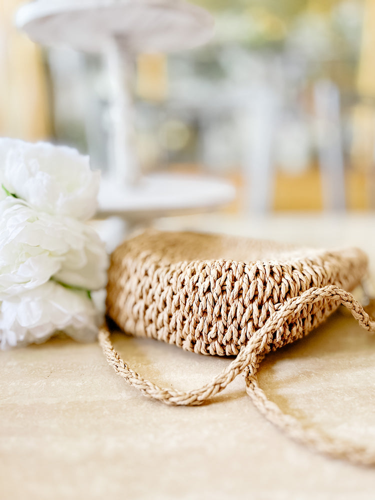 Petite Straw Handbag with Detachable Strap & Drawstring Closure