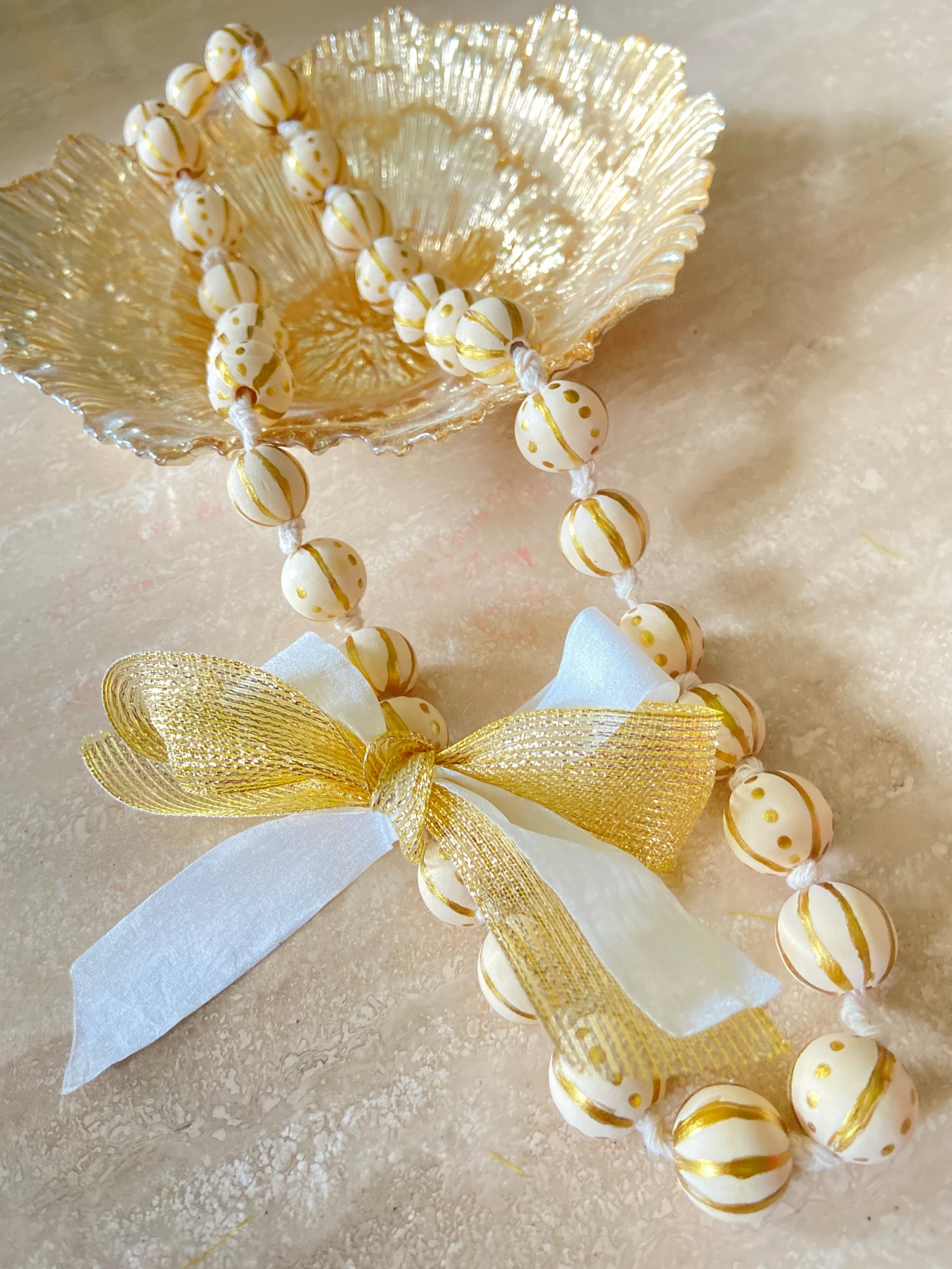 Hand painted gold wooden bead necklace 