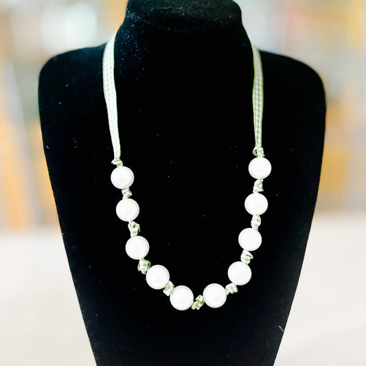 Hunter Green Gingham & Pearl Adjustable Necklace