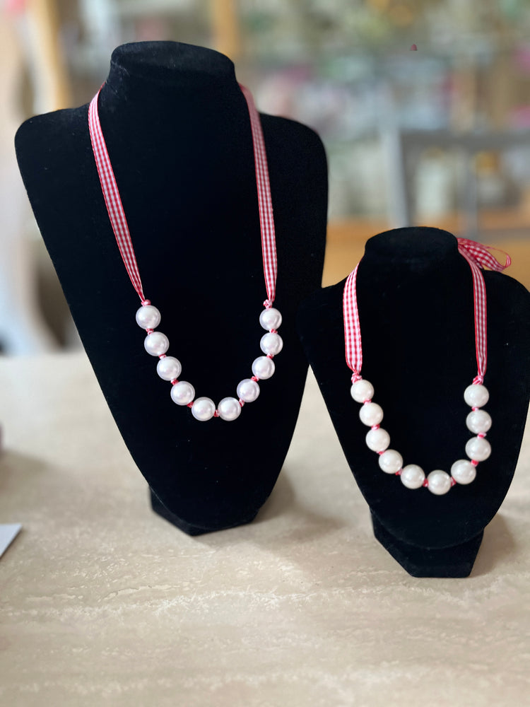 Red & White Gingham & Pearl Adjustable Necklace