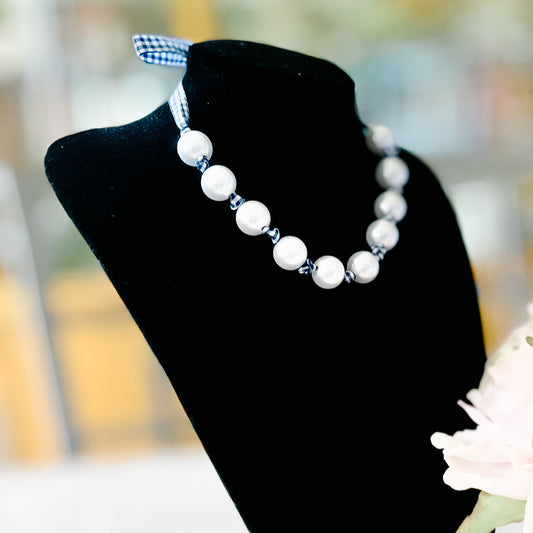 Nautical Navy Gingham & Pearl Adjustable Necklace