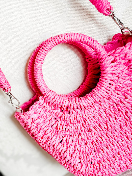 Pink Straw Handbag with Detachable Strap & Drawstring Closure