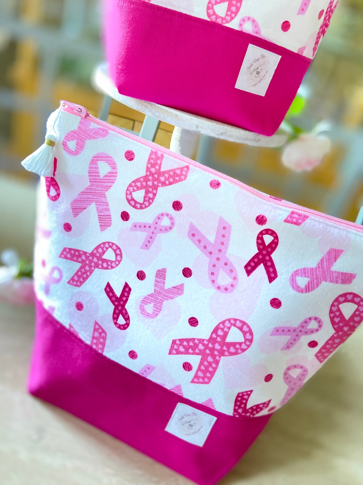 pink ribbon, breast cancer awareness Fundraiser – Knitting/Crocheting Project bag, yarn bowl
